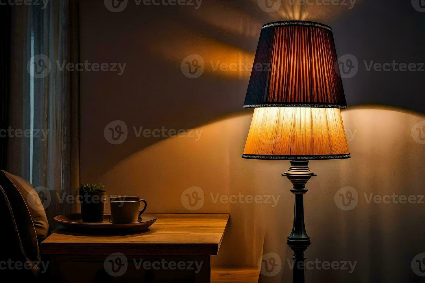 a lamp is on a table next to a cup. AI-Generated photo