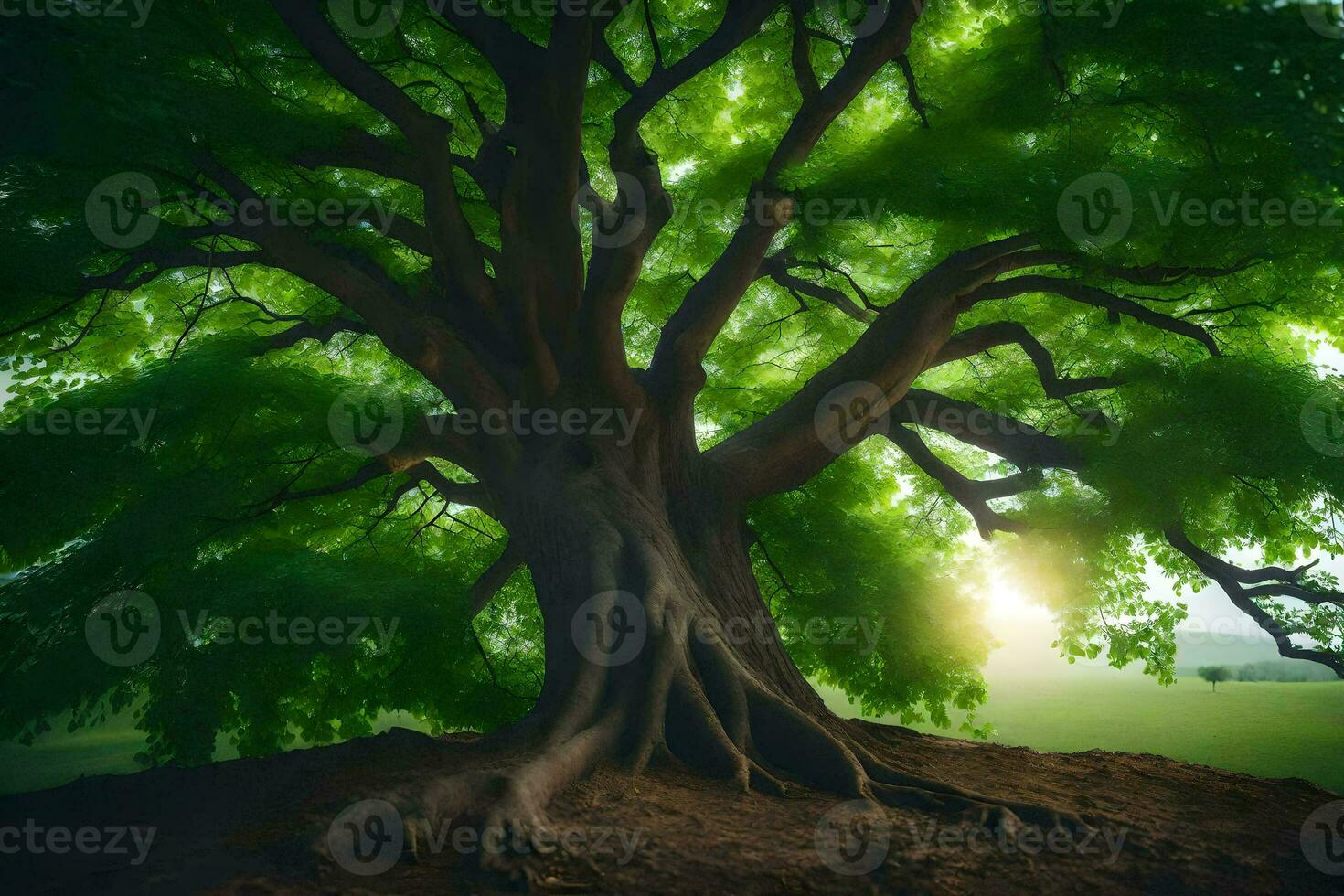 a large tree with green leaves and sunlight. AI-Generated photo