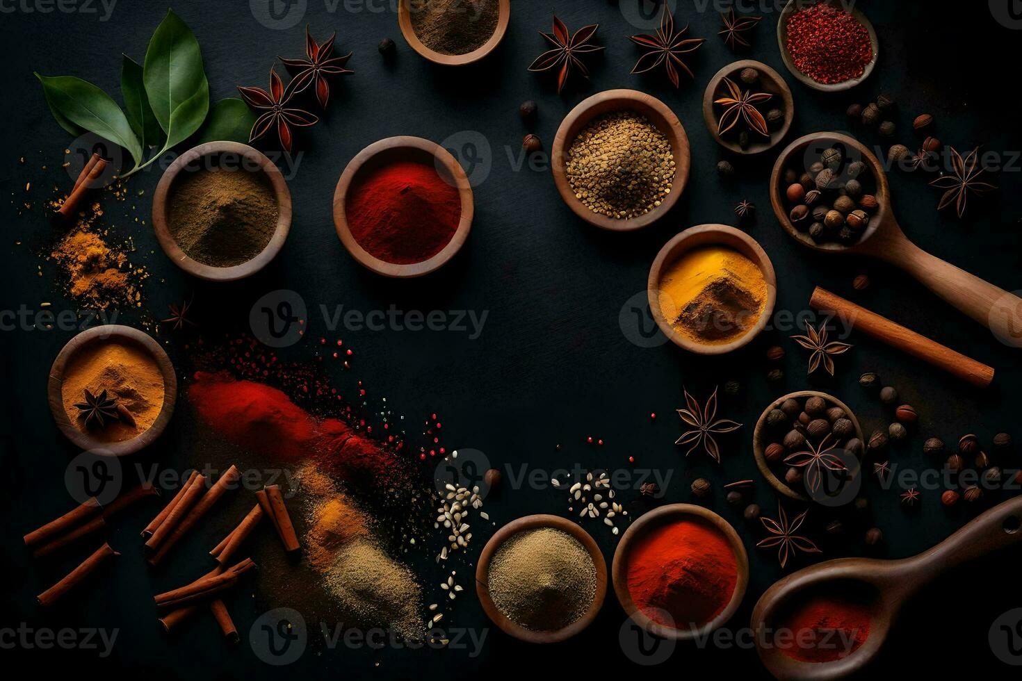 spices and spices on a black background. AI-Generated photo