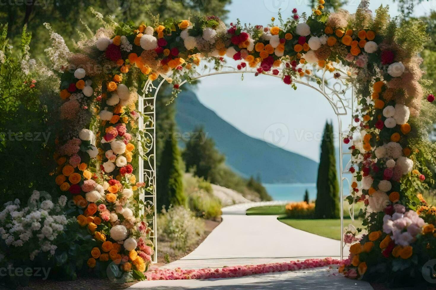 an archway decorated with flowers and a path leading to the ocean. AI-Generated photo