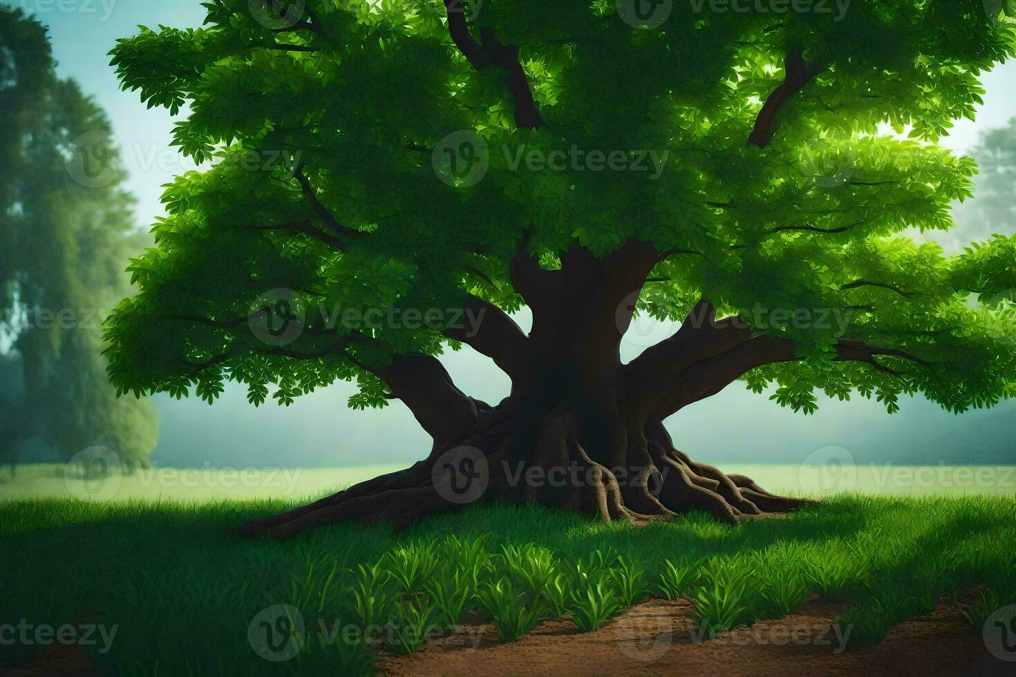 un grande árbol en el medio de un campo. generado por ai foto