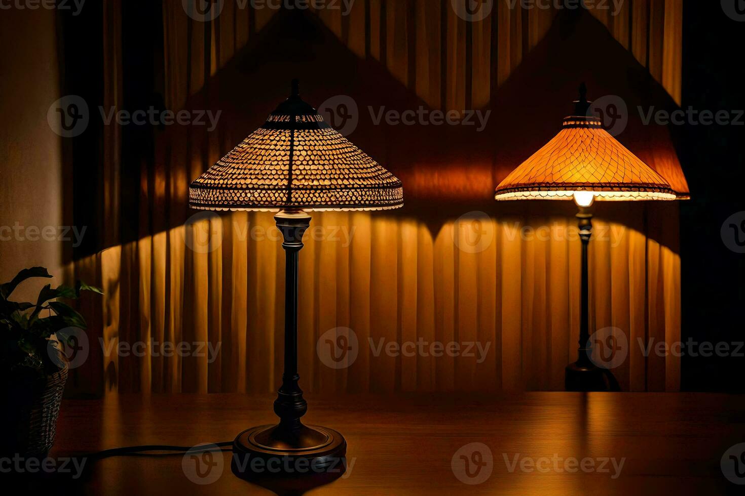 two lamps on a table in the dark. AI-Generated photo