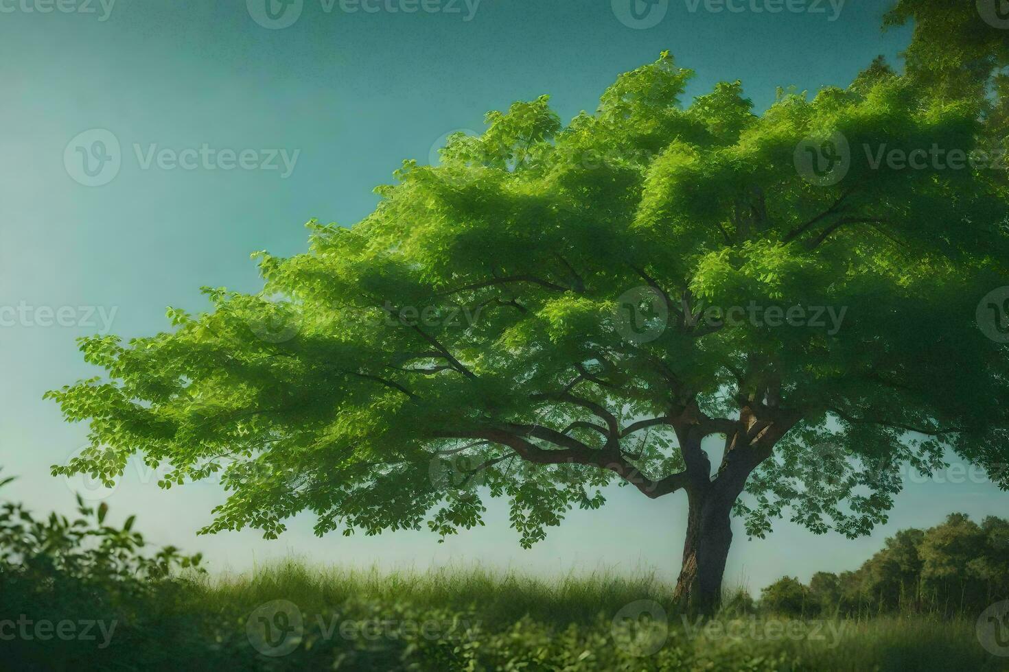 a tree in the middle of a field. AI-Generated photo