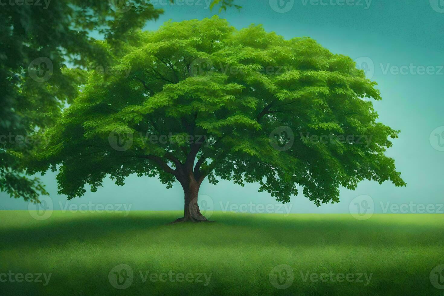 a tree in a field with green grass. AI-Generated photo