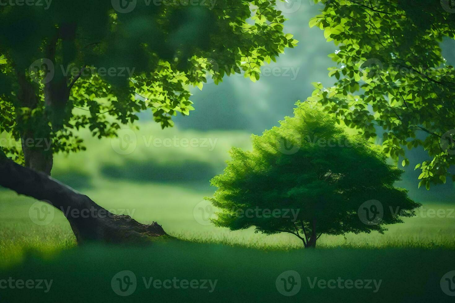 a lone tree in a green field. AI-Generated photo