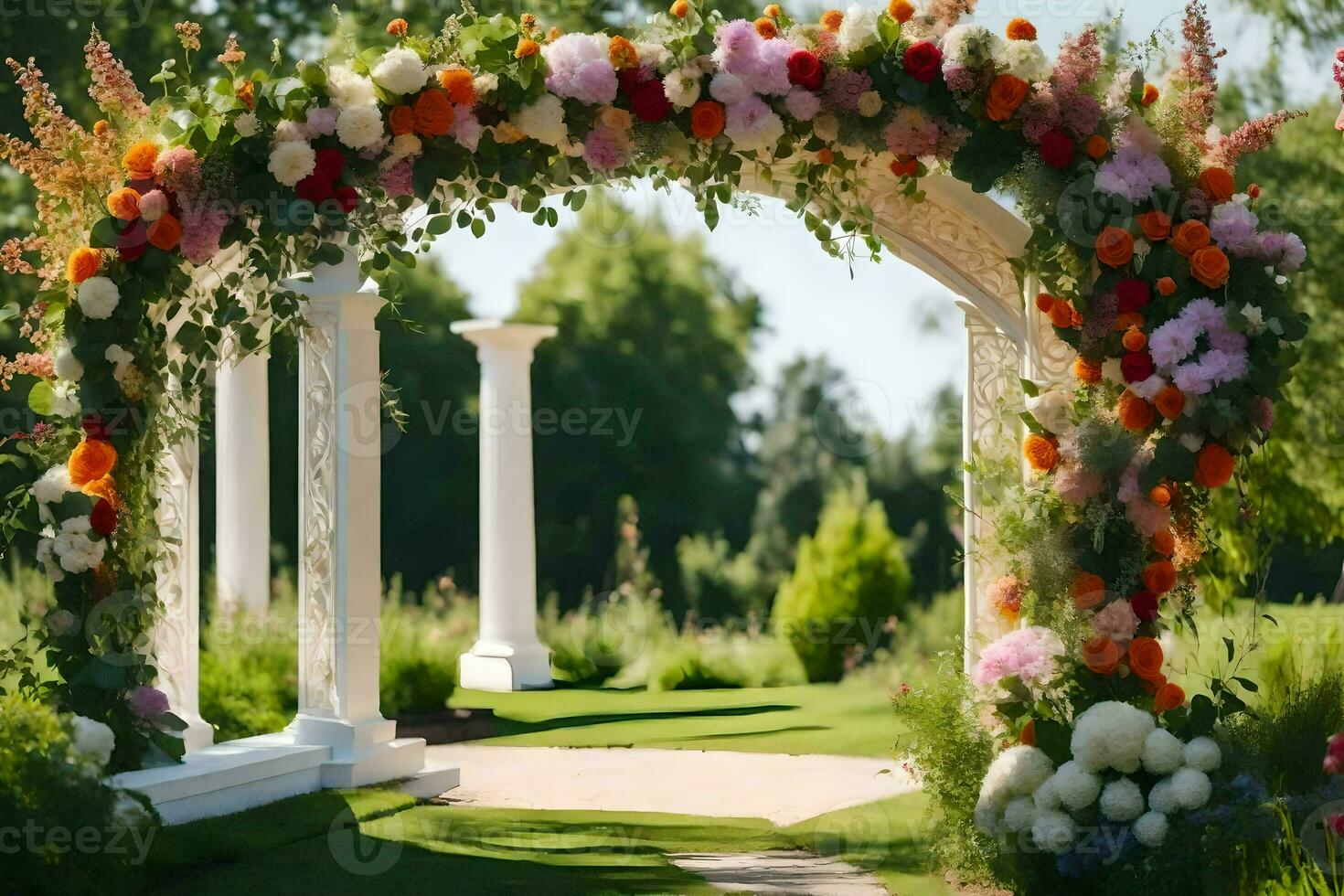 a wedding arch decorated with flowers in the grass. AI-Generated photo