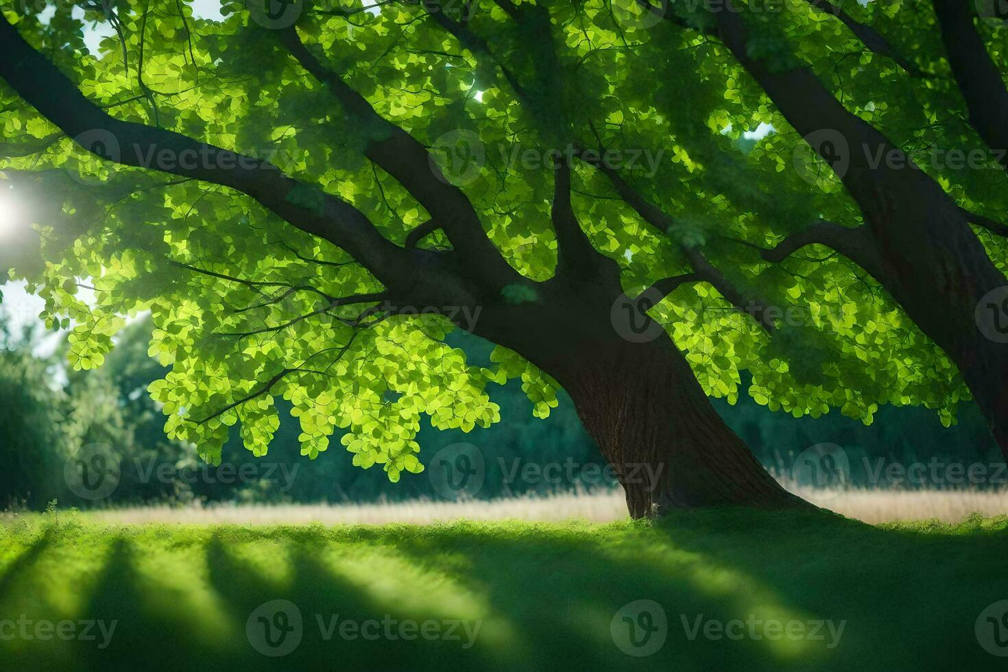 the sun shines through the trees in a field. AI-Generated photo