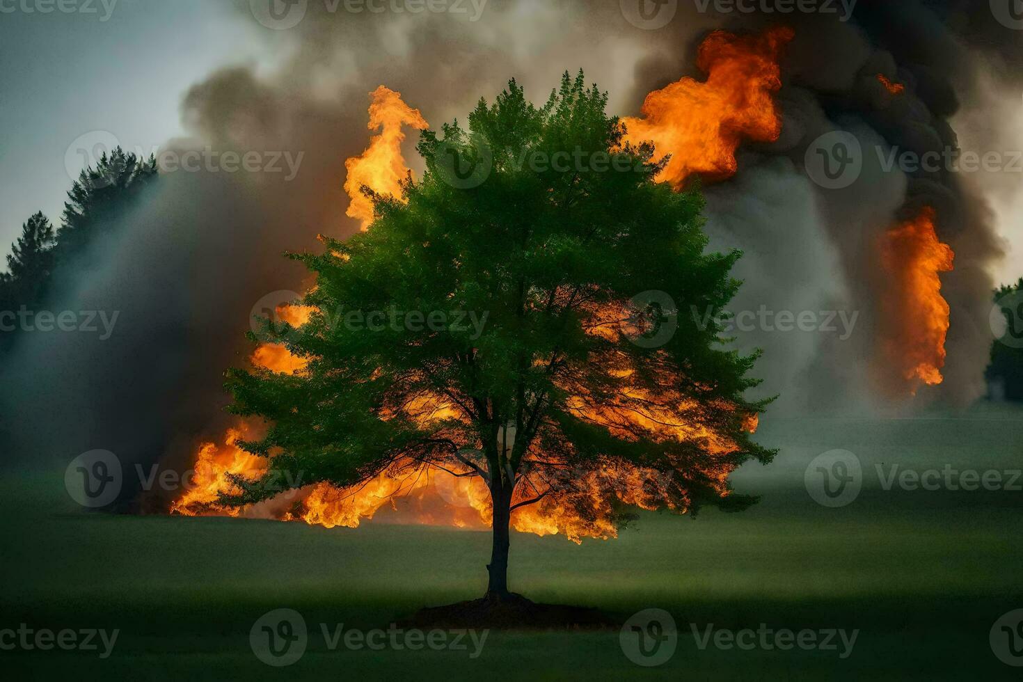 a tree is burning in the middle of a field. AI-Generated photo