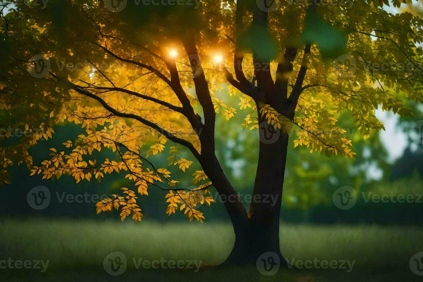 a tree with the sun shining through it. AI-Generated photo