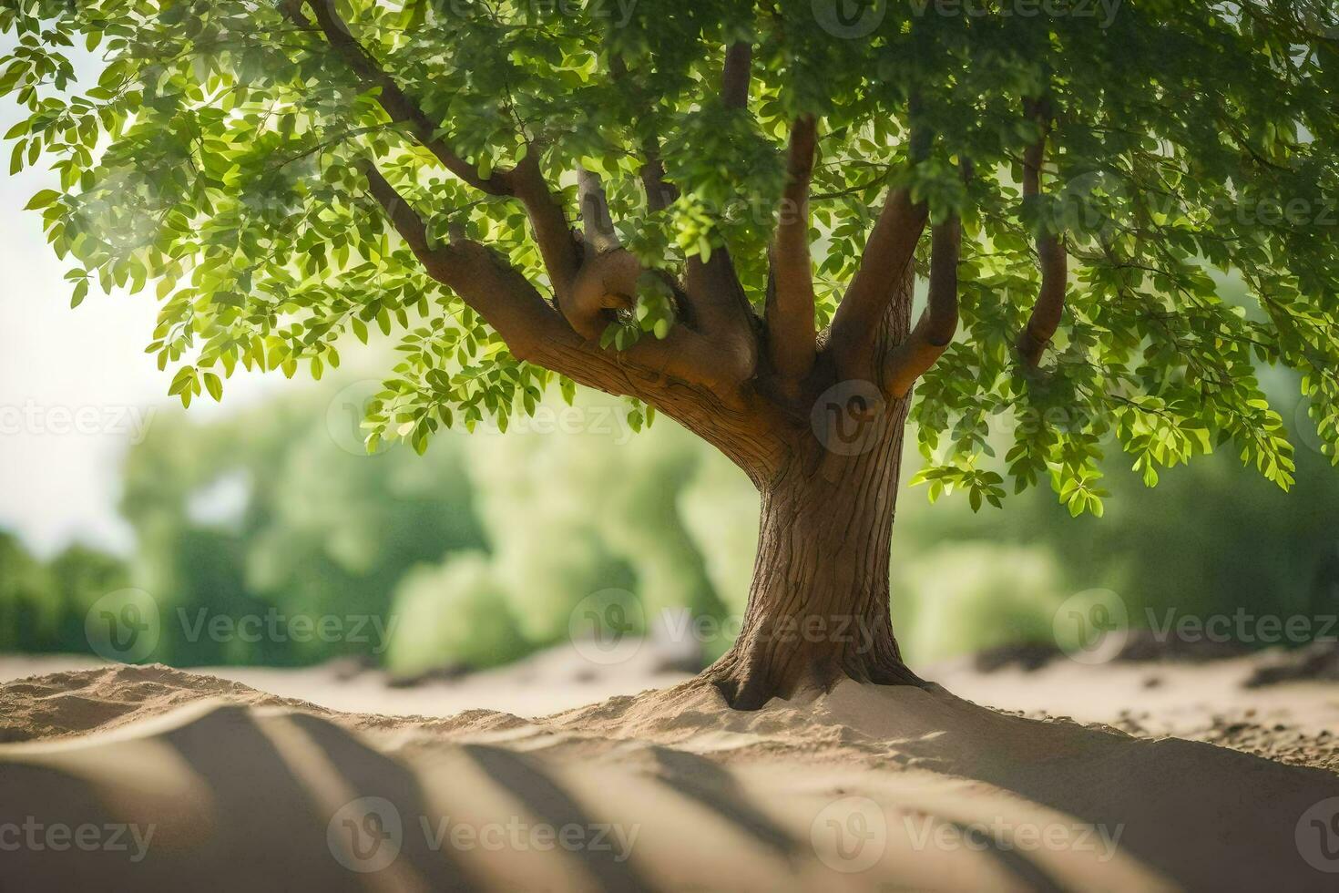 a tree in the desert with sand and trees. AI-Generated photo