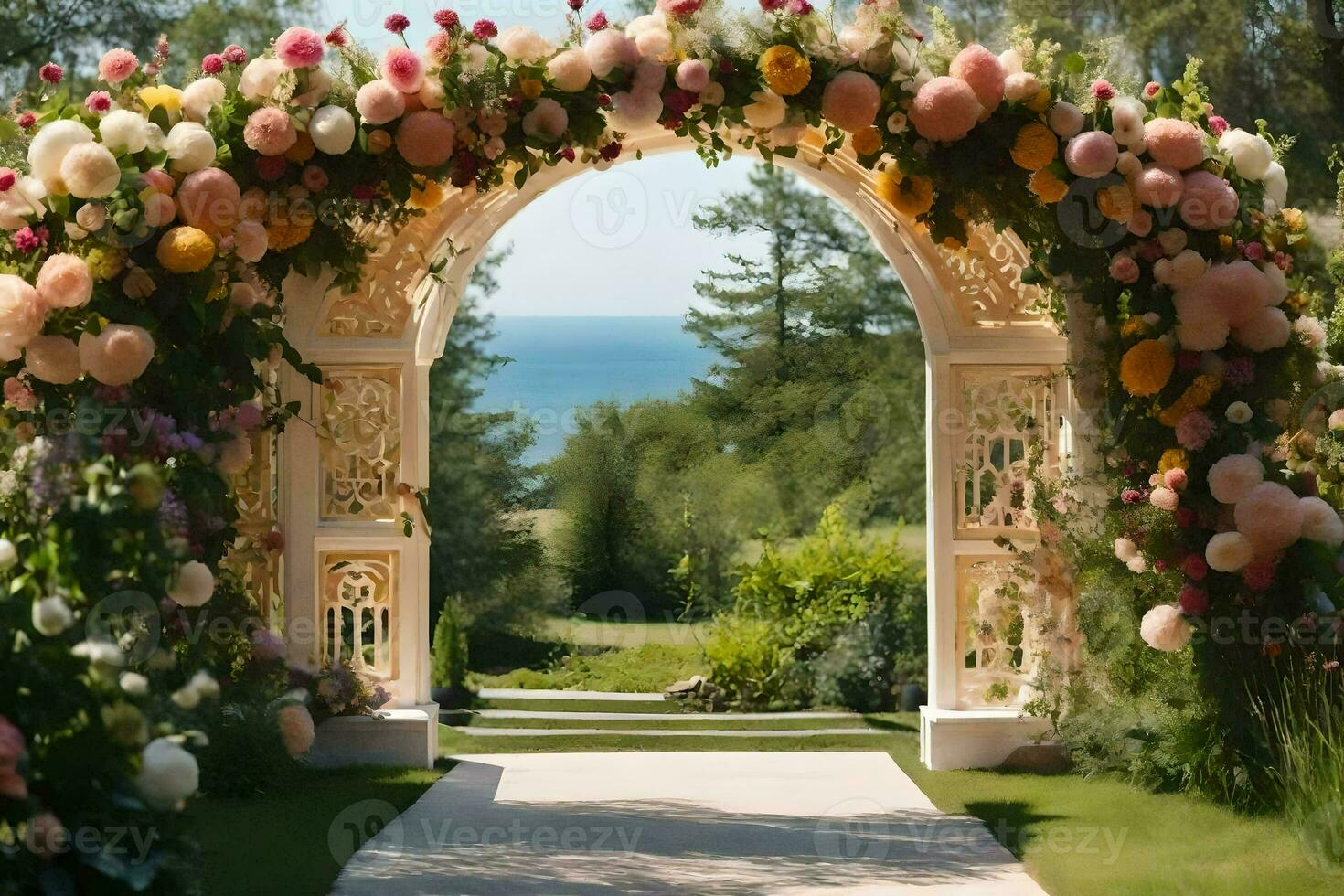 a wedding arch with flowers and a view of the ocean. AI-Generated photo