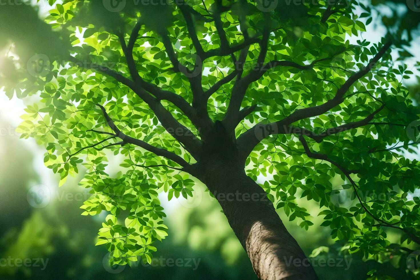 a tree with green leaves in the sun. AI-Generated photo