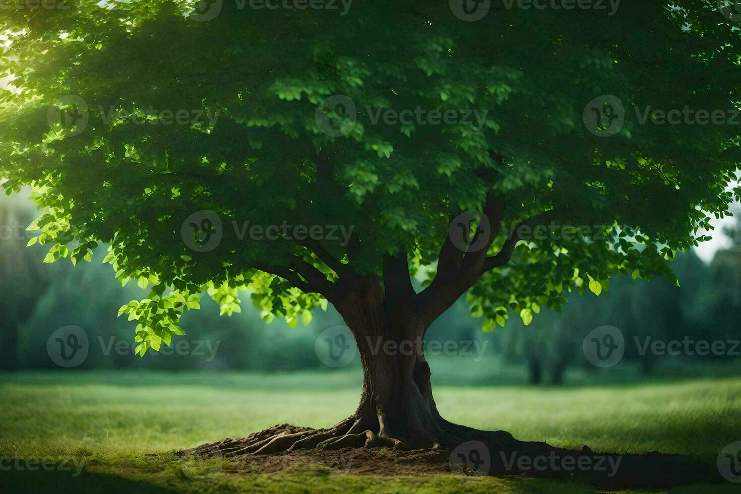 a tree is standing in the middle of a field. AI-Generated photo