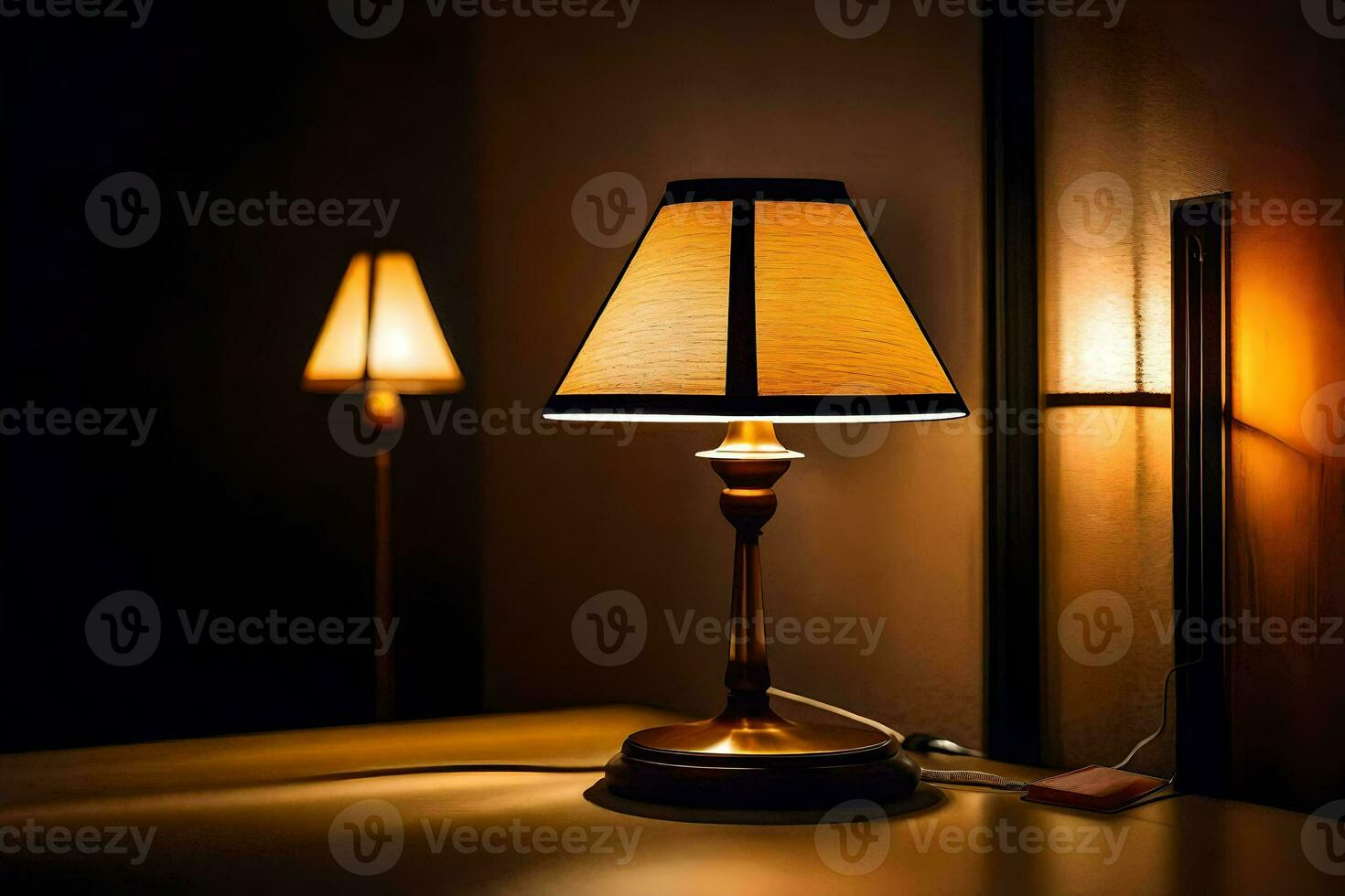 a lamp on a table in a dark room. AI-Generated photo