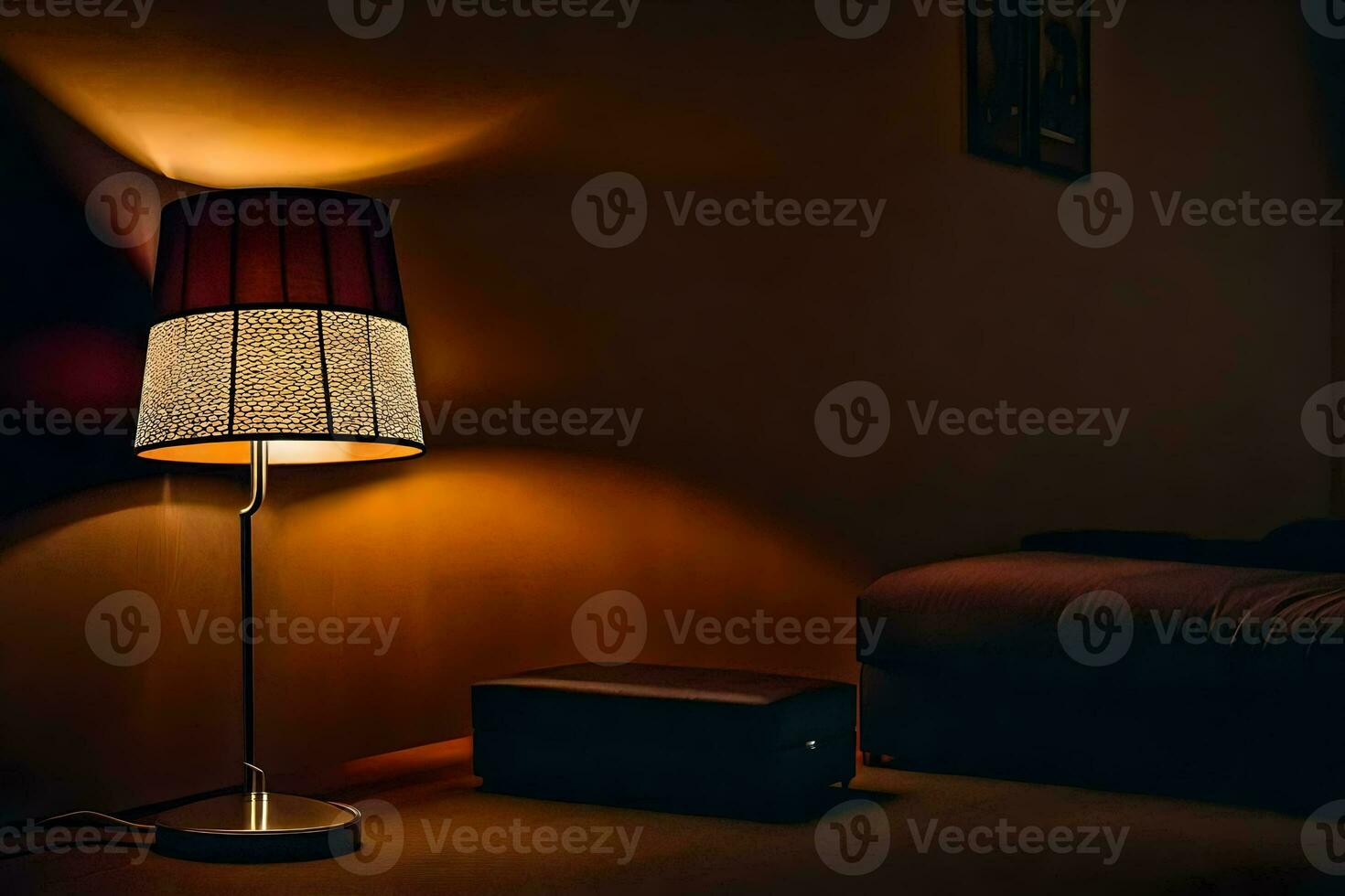 a lamp is on in a dark room. AI-Generated photo