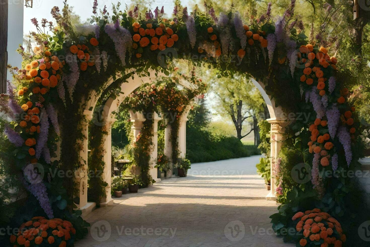 a walkway with an archway decorated with orange and purple flowers. AI-Generated photo