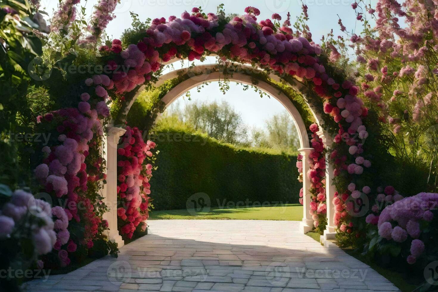 a walkway with pink flowers and archway. AI-Generated photo