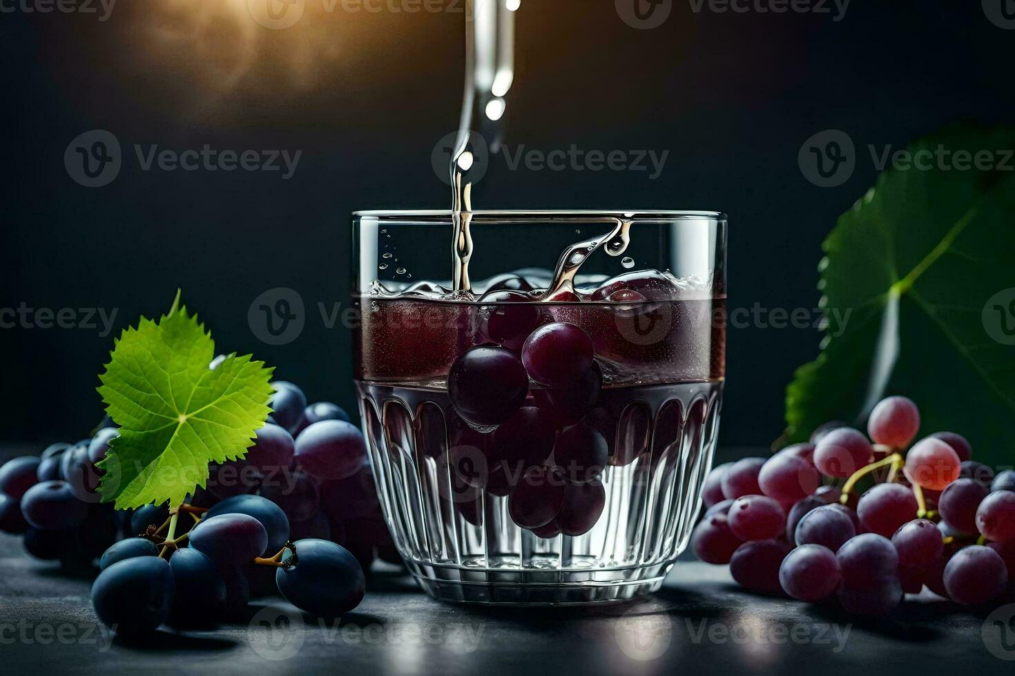 a glass of water with grapes and leaves. AI-Generated photo