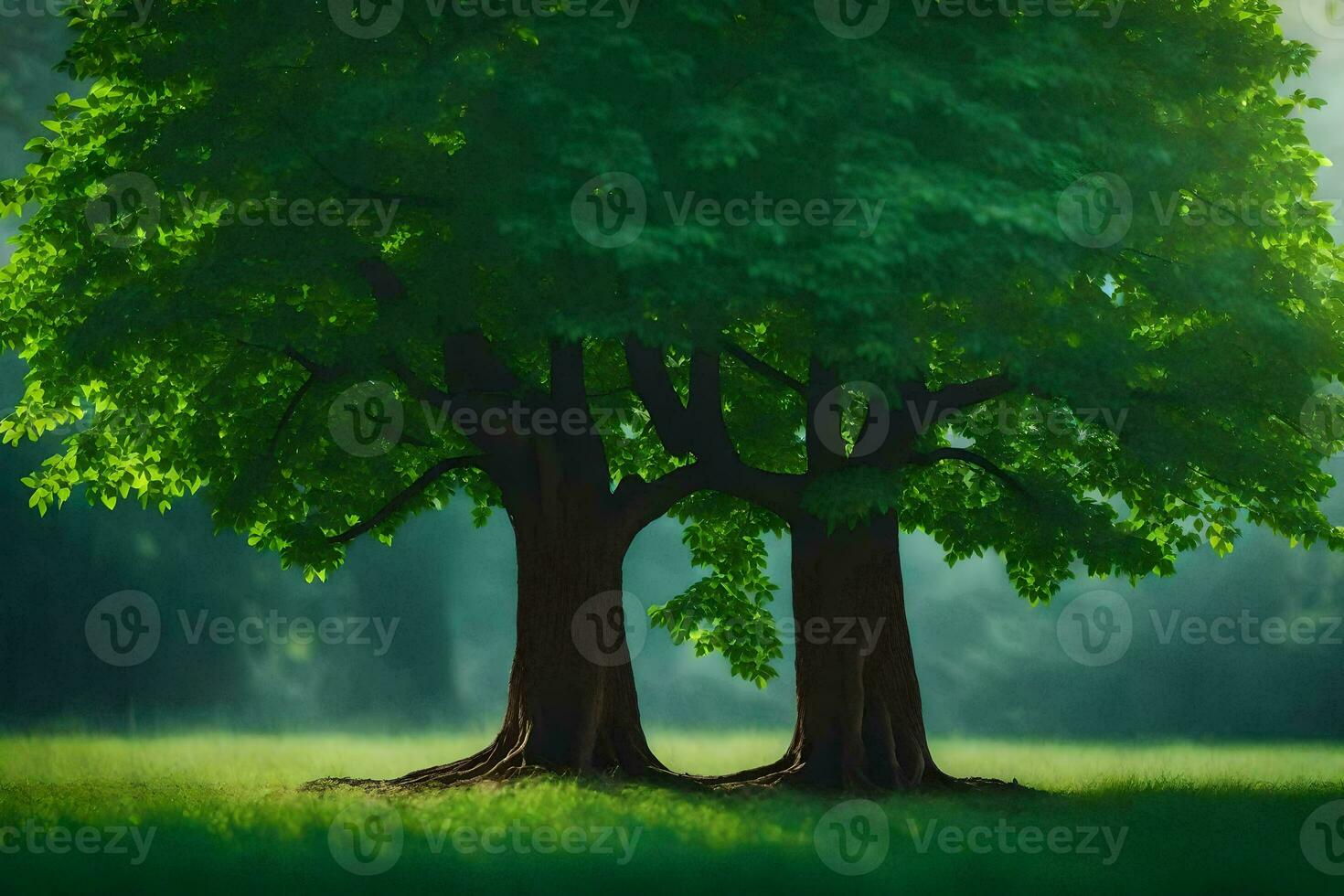 two trees in the middle of a green field. AI-Generated photo