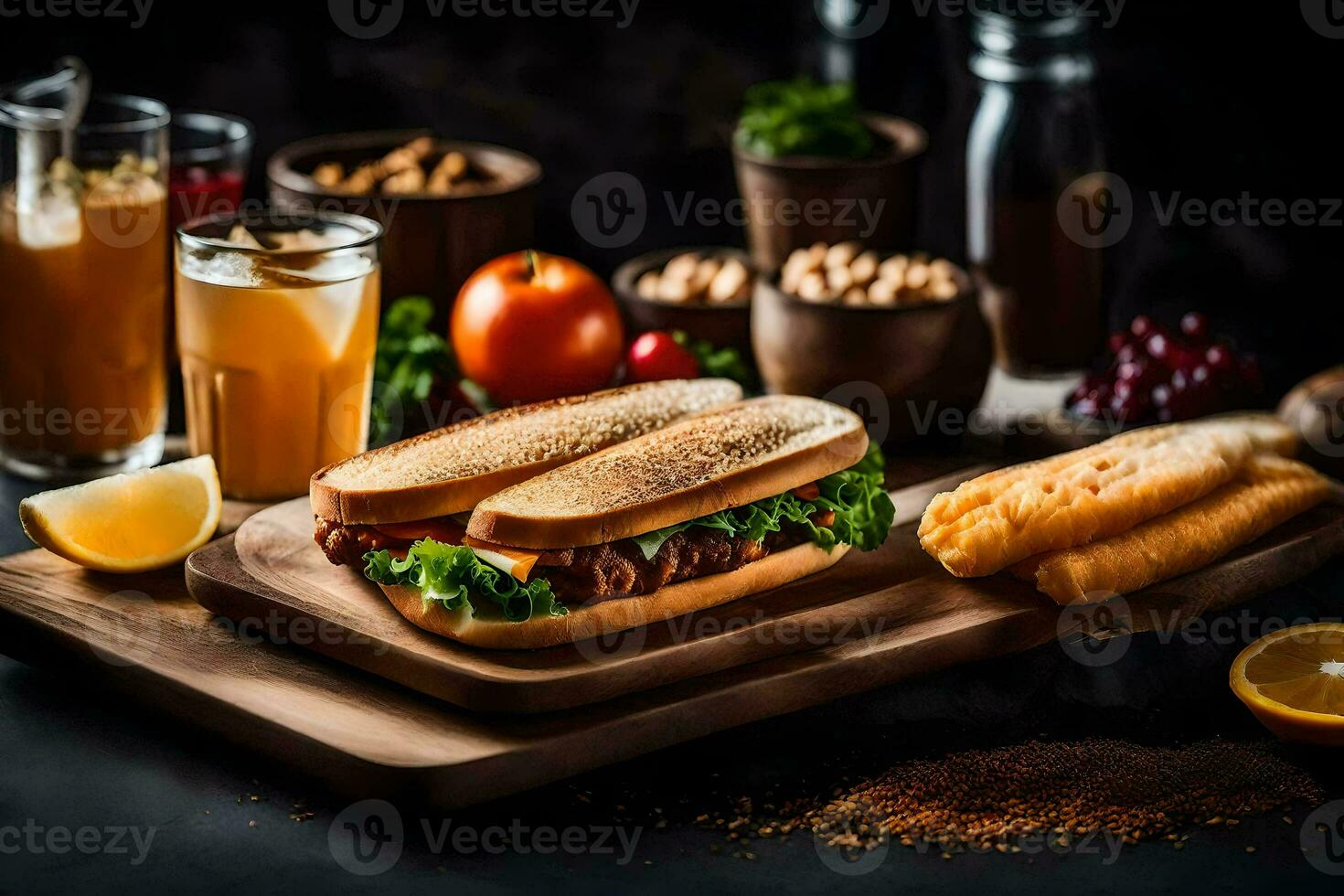 a sandwich and other food on a cutting board. AI-Generated photo