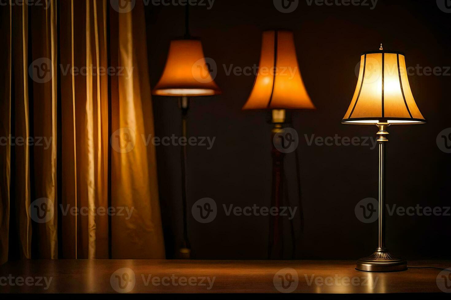 three lamps on a table in front of curtains. AI-Generated photo