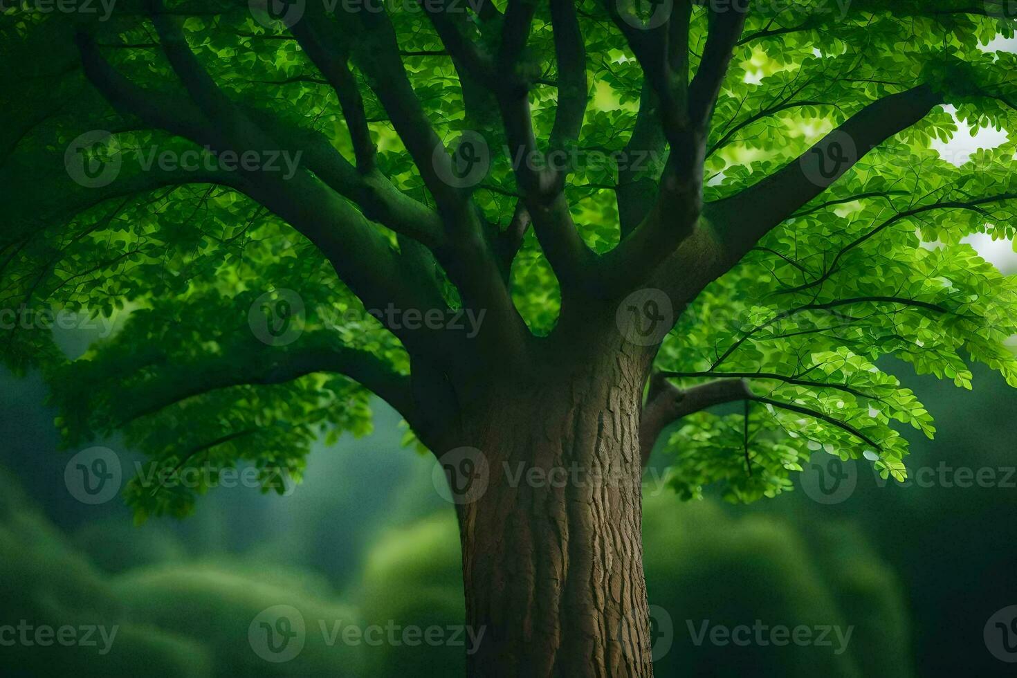 a tree is shown in the middle of a forest. AI-Generated photo