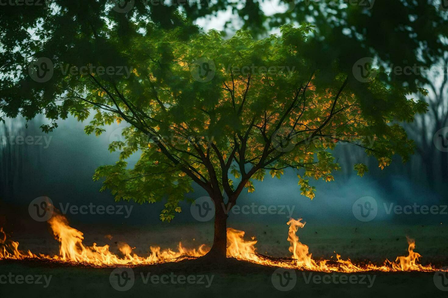 a tree with flames around it in the middle of a field. AI-Generated photo