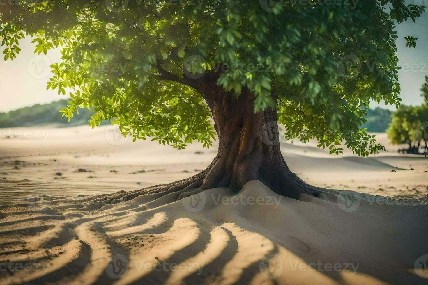 a tree in the desert with sand and trees. AI-Generated photo