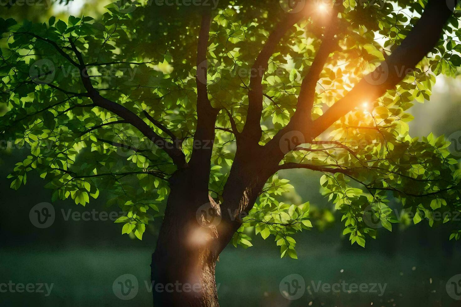 the sun shines through the leaves of a tree. AI-Generated photo
