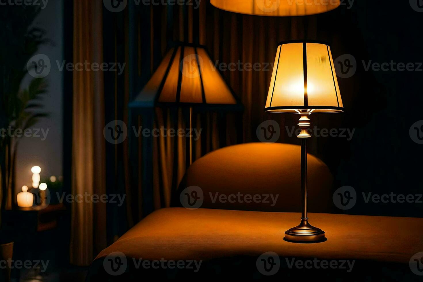 a lamp is on a table in a dark room. AI-Generated photo