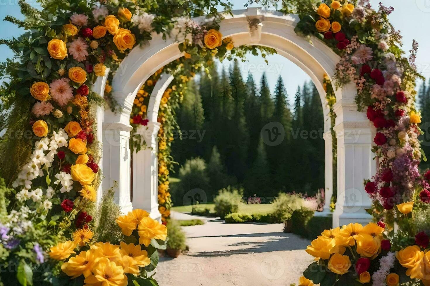 a wedding archway decorated with flowers. AI-Generated photo