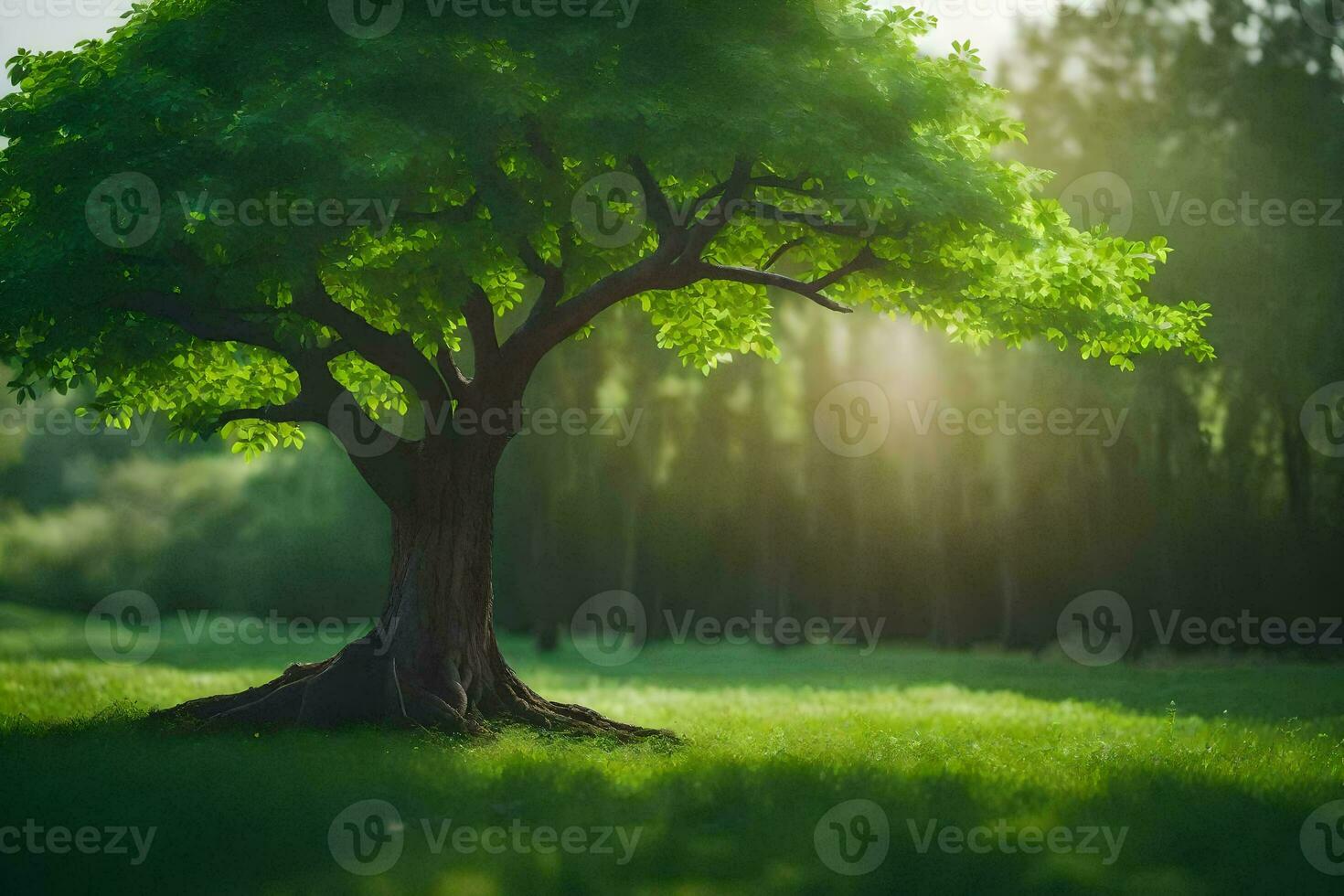 a tree in the middle of a green field. AI-Generated photo