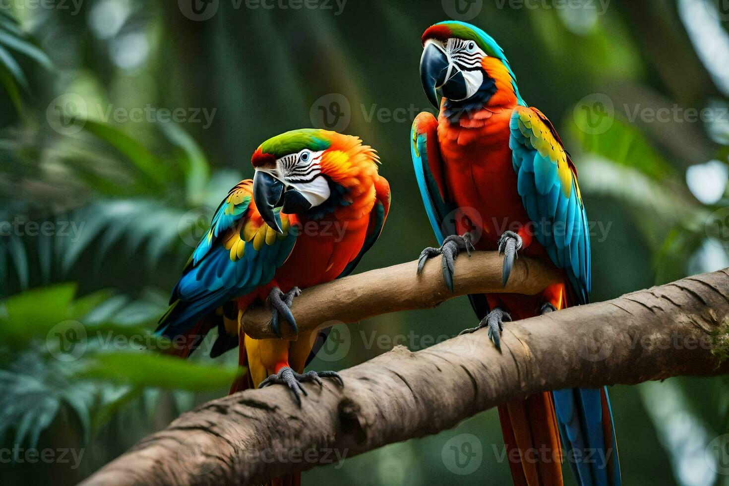 two colorful parrots sitting on a branch. AI-Generated photo