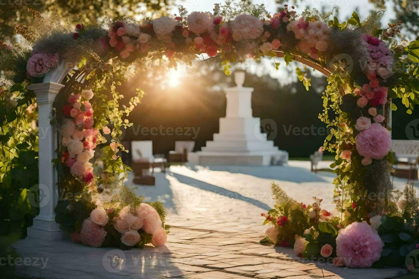 un arco con rosado flores y blanco pilares generado por ai foto