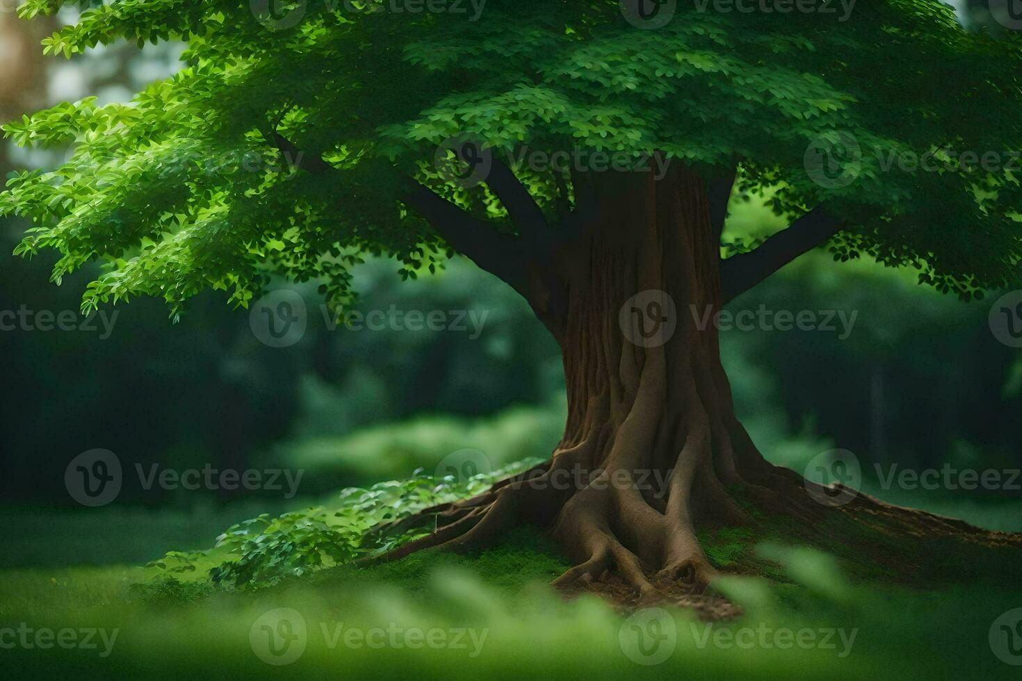 a tree with roots in the grass. AI-Generated photo
