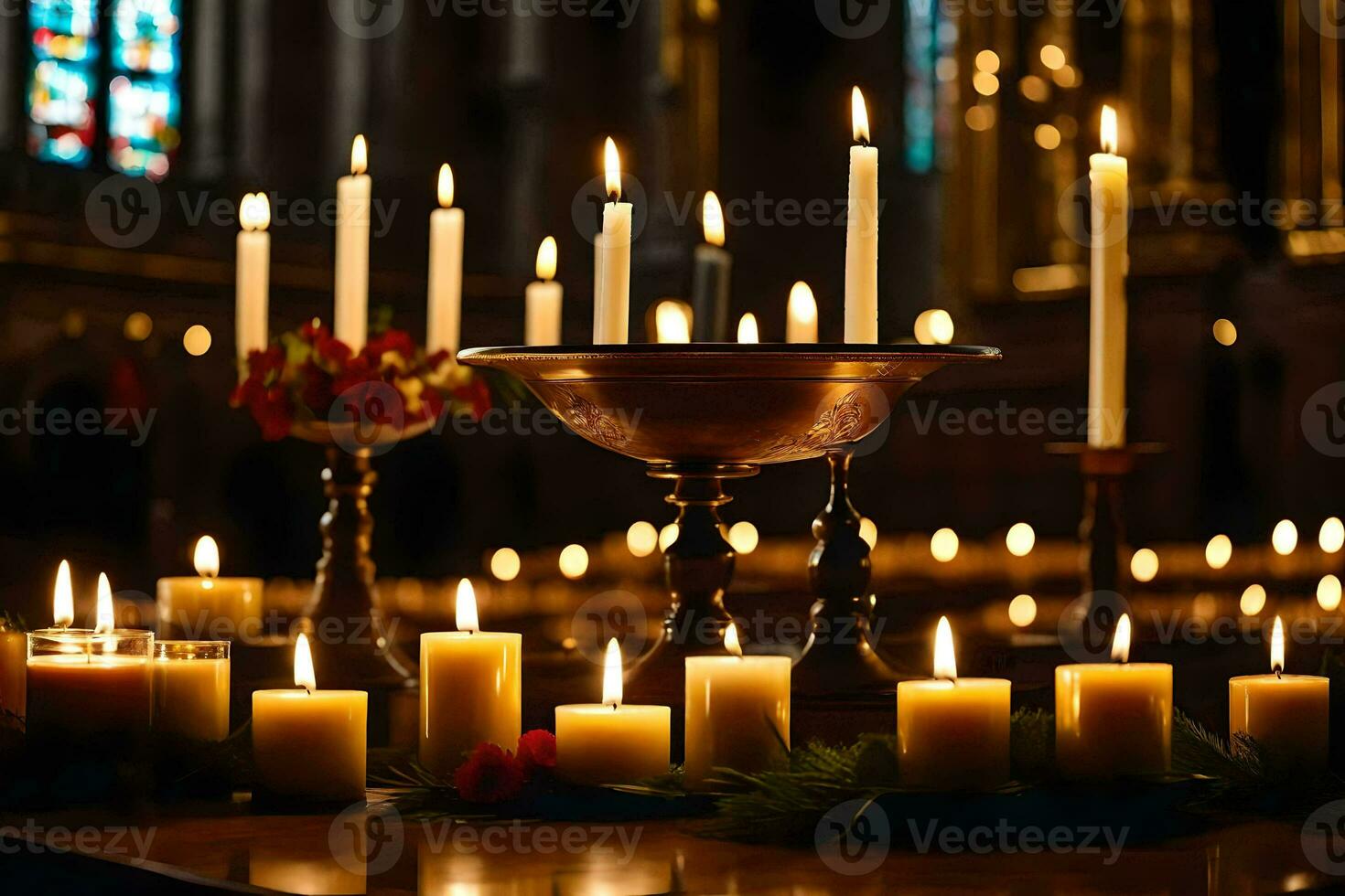 candles are lit in a church with candles. AI-Generated photo