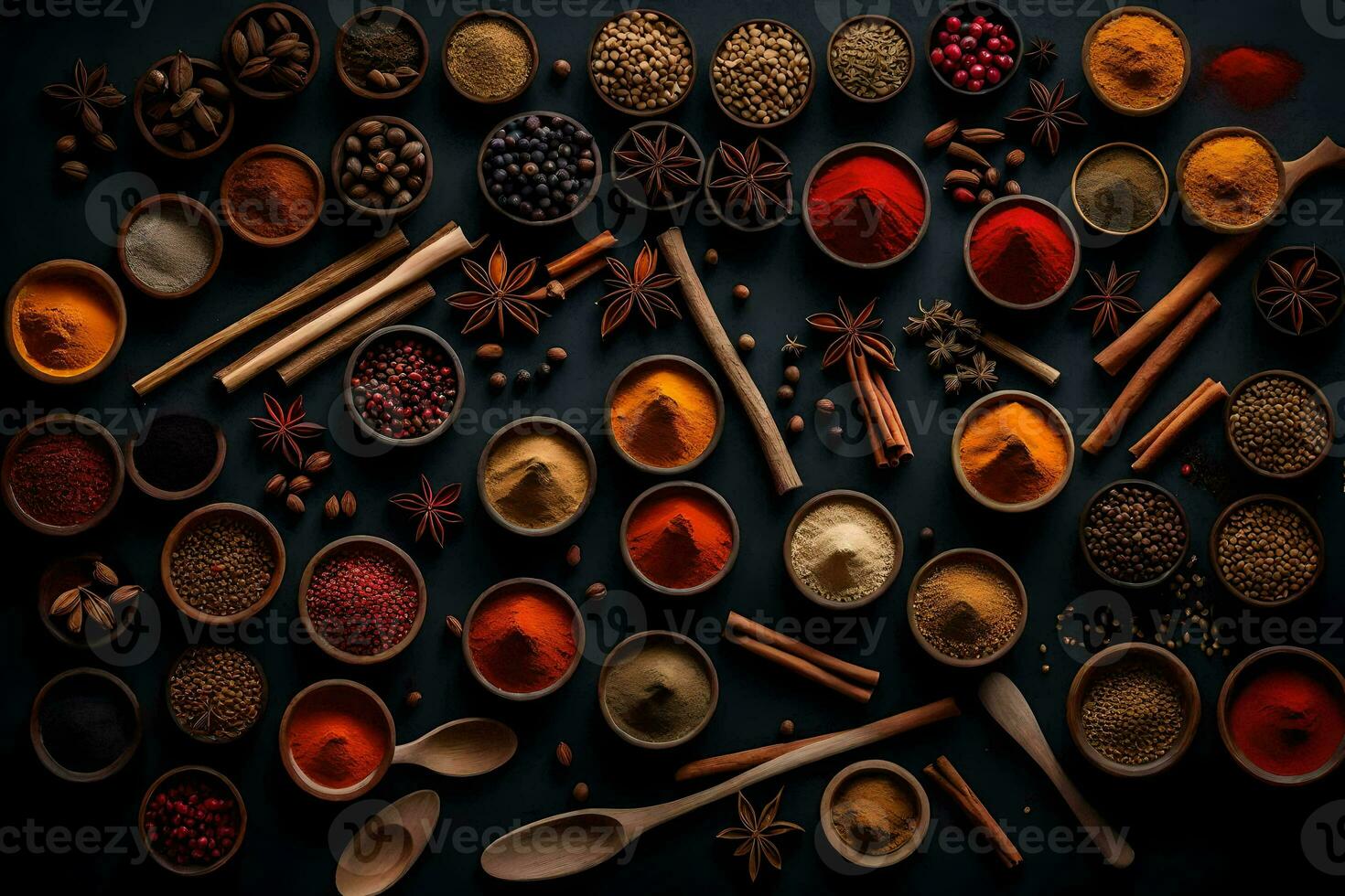 various spices and herbs in bowls on a black background. AI-Generated photo