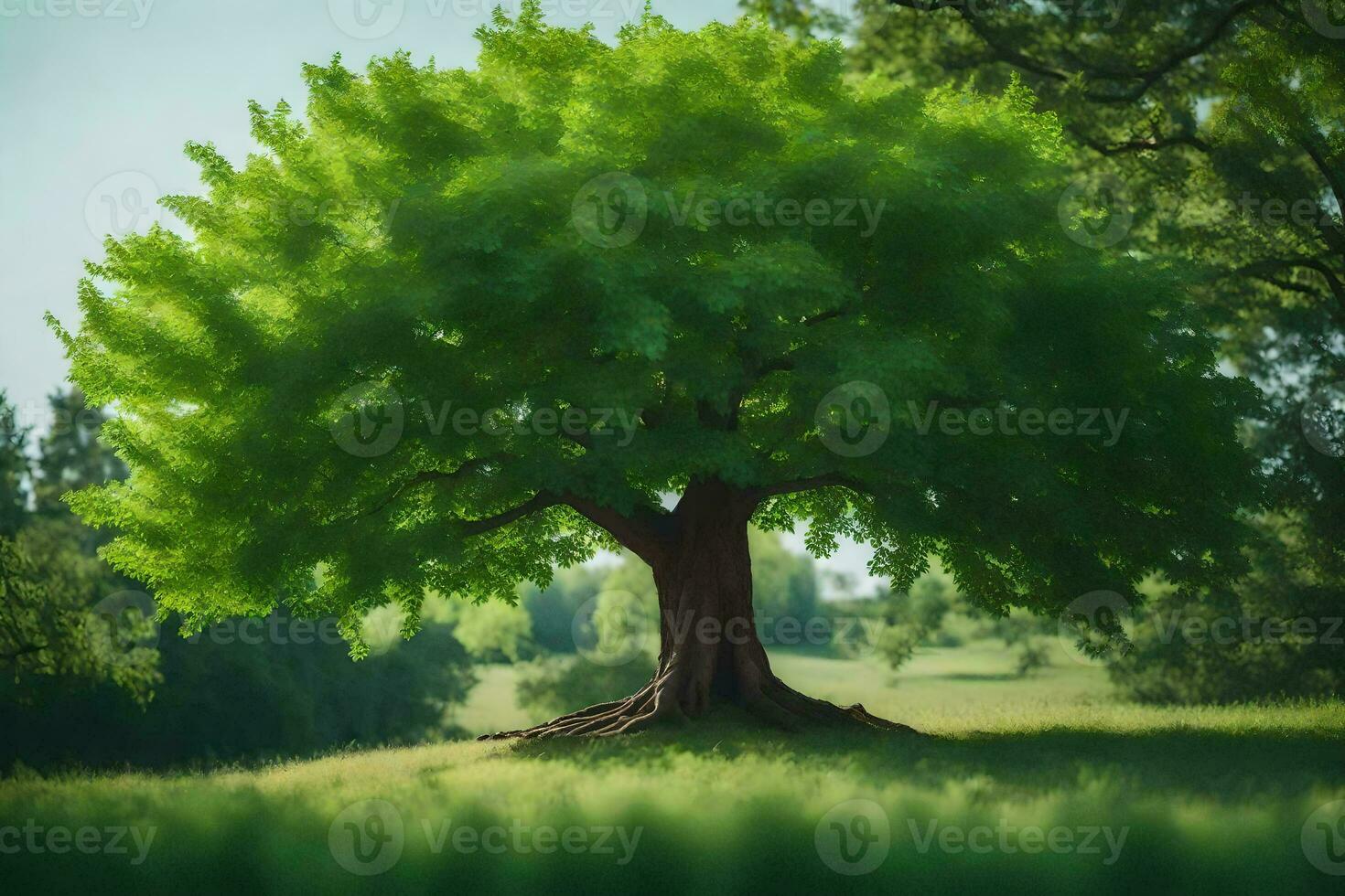 a tree is shown in a field with green leaves. AI-Generated photo