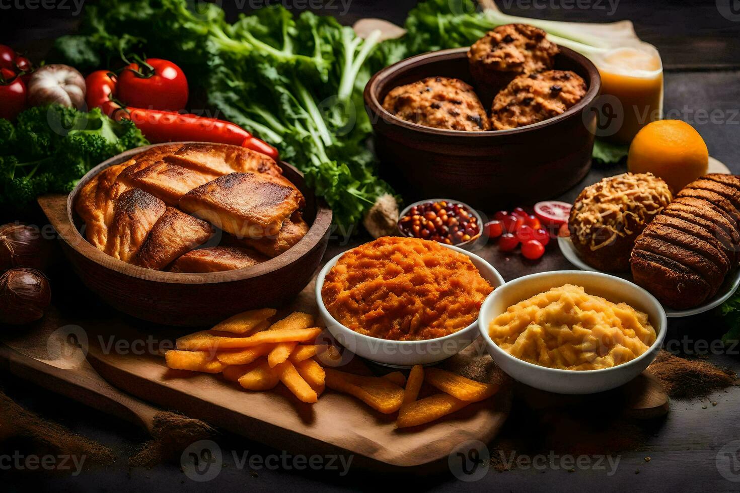 a table with various foods including bread, potatoes, vegetables and other foods. AI-Generated photo