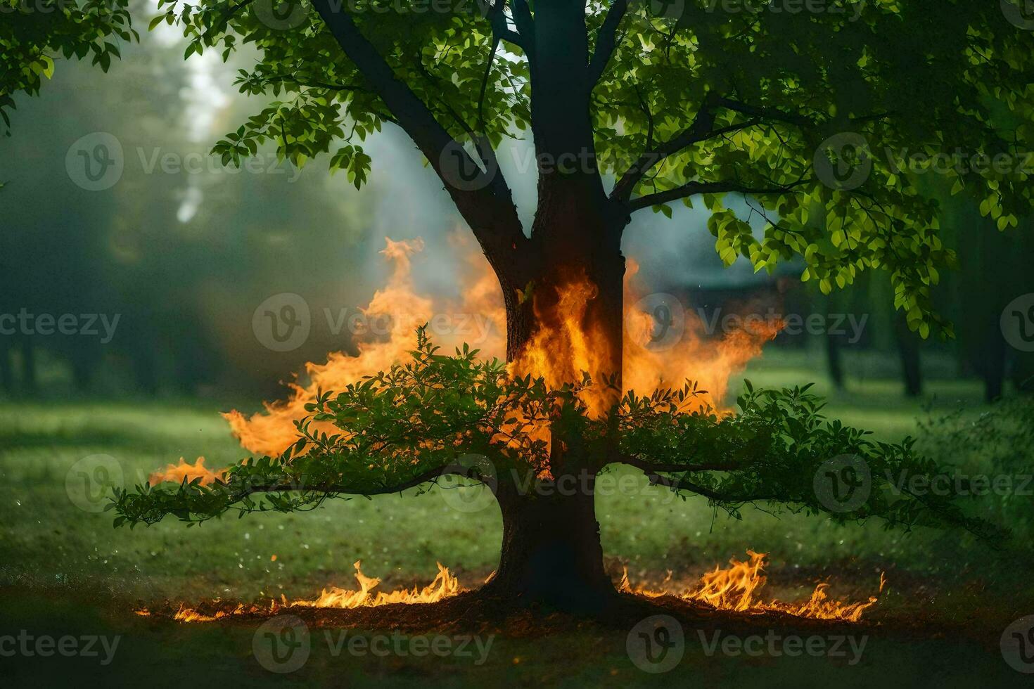 a tree with fire coming out of it. AI-Generated photo