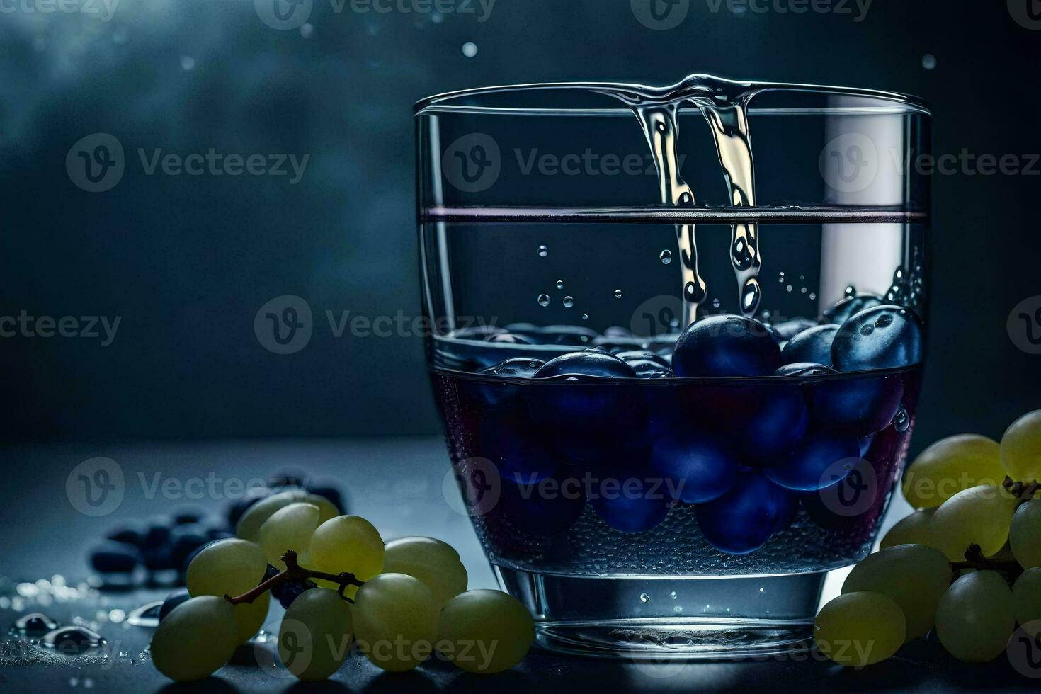 a glass of water with grapes and blueberries. AI-Generated photo
