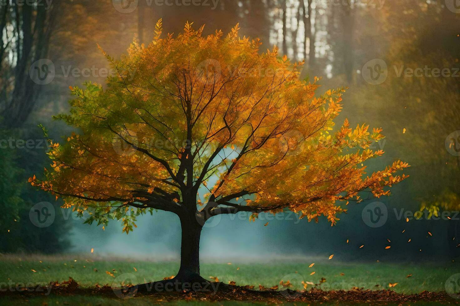 a single tree in the middle of an autumn field. AI-Generated photo