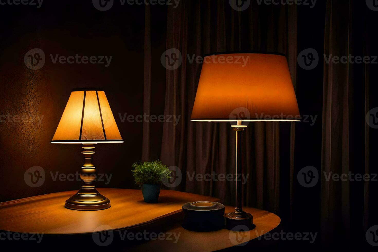 two lamps on a table in the dark. AI-Generated photo