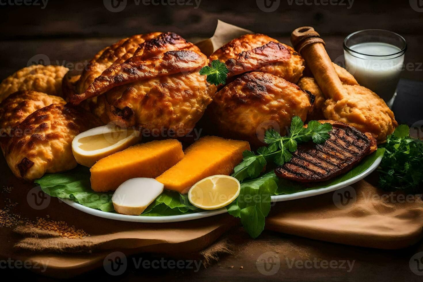 a plate of chicken, cheese and other foods. AI-Generated photo