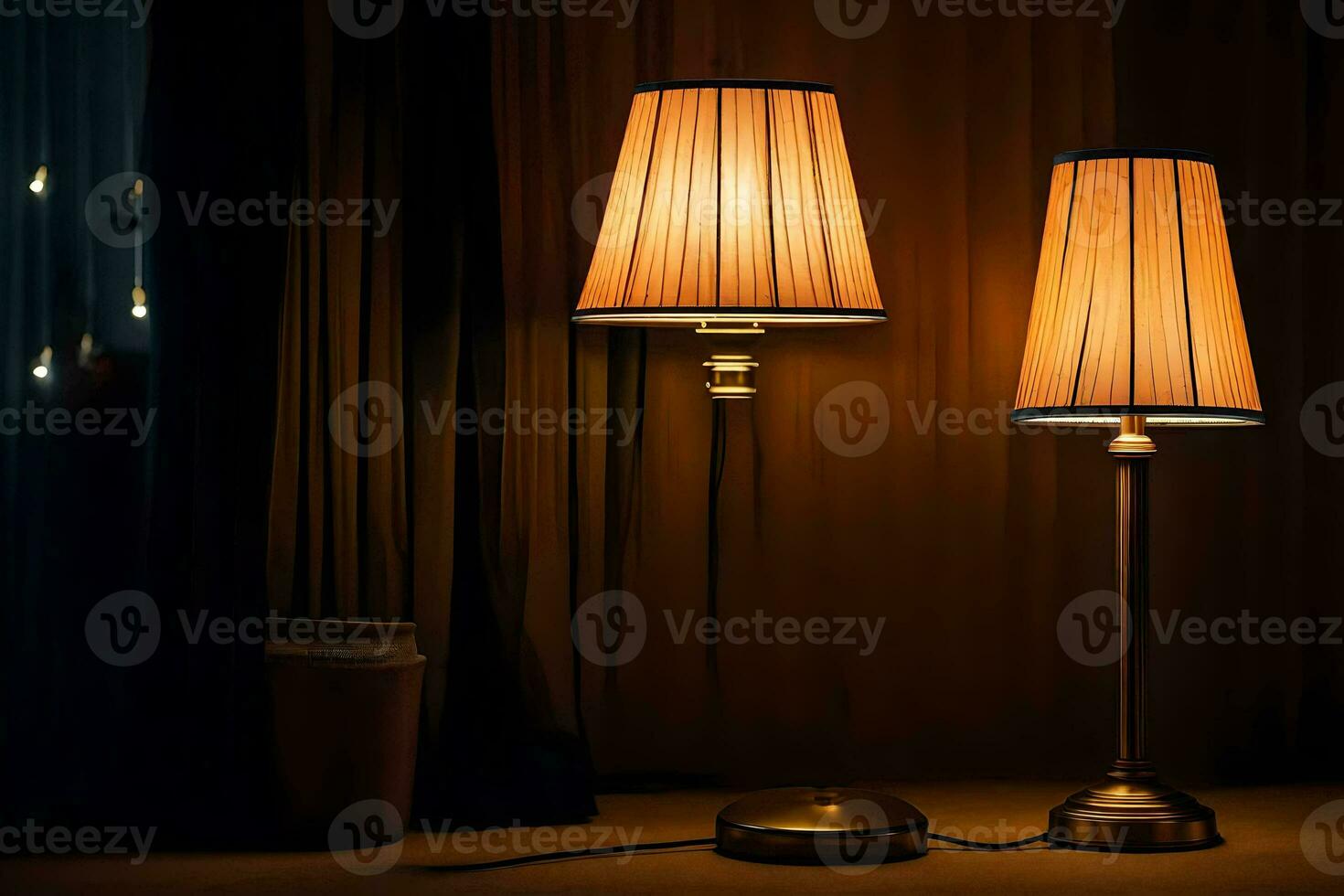 two lamps are on a table in front of a curtain. AI-Generated photo