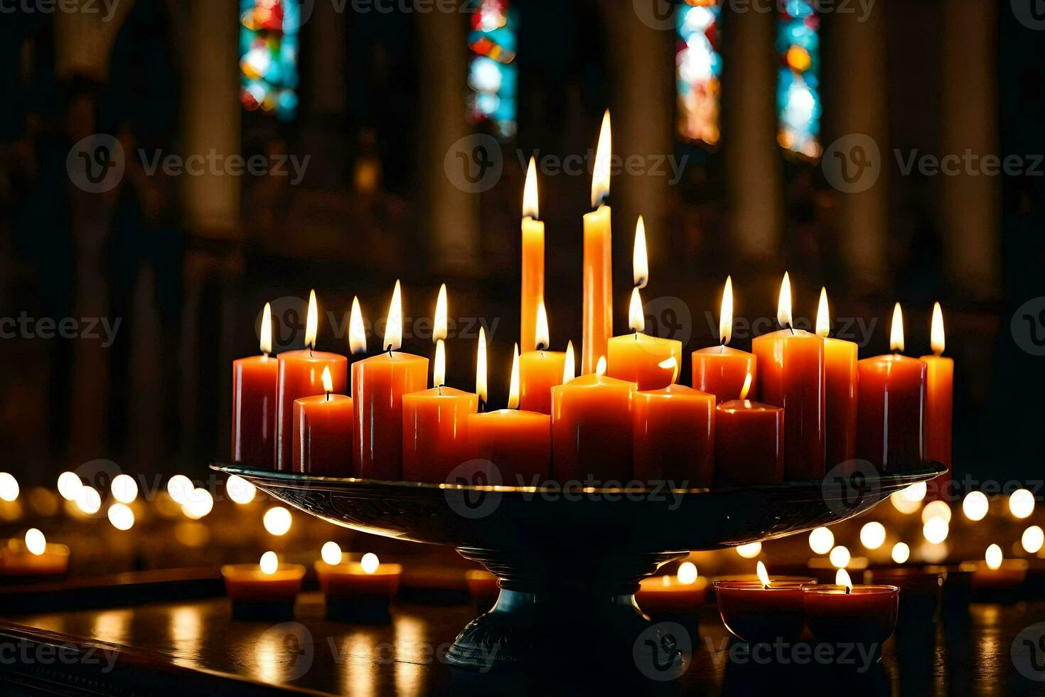 velas en un Iglesia con manchado vaso ventanas generado por ai foto