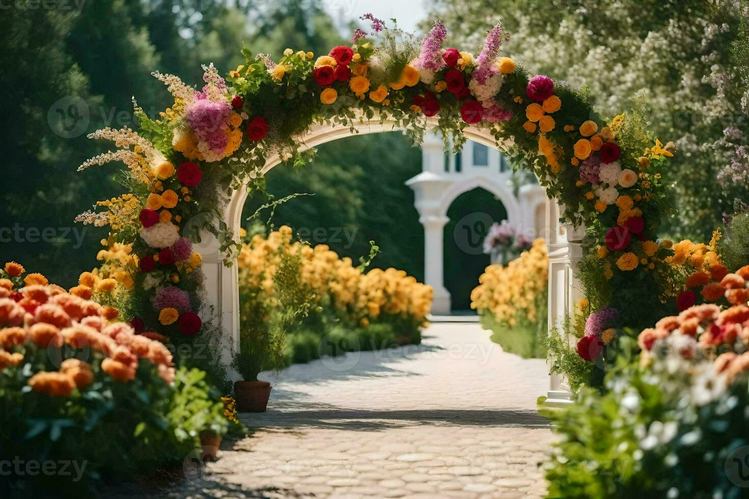 an archway with flowers and a white building in the background. AI-Generated photo