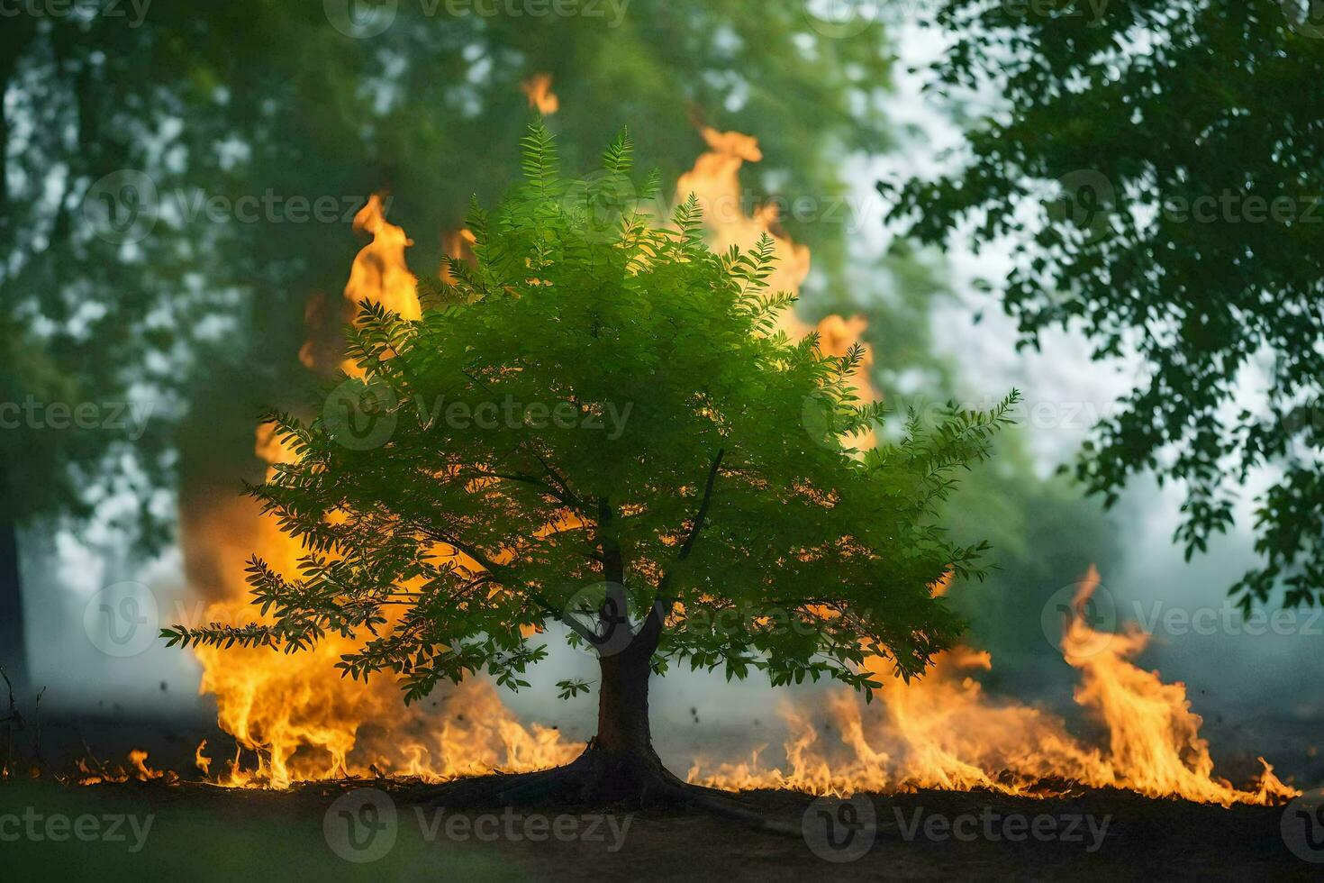 a tree is burning in the middle of a forest. AI-Generated photo