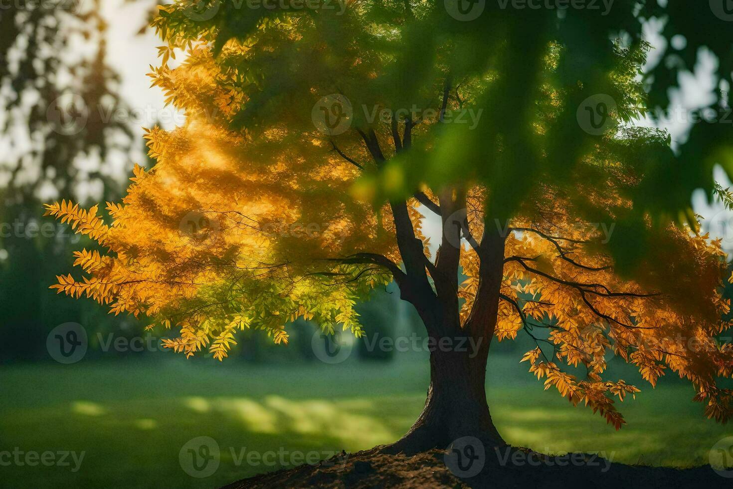 a tree with a bright orange leaf in the middle of a field. AI-Generated photo