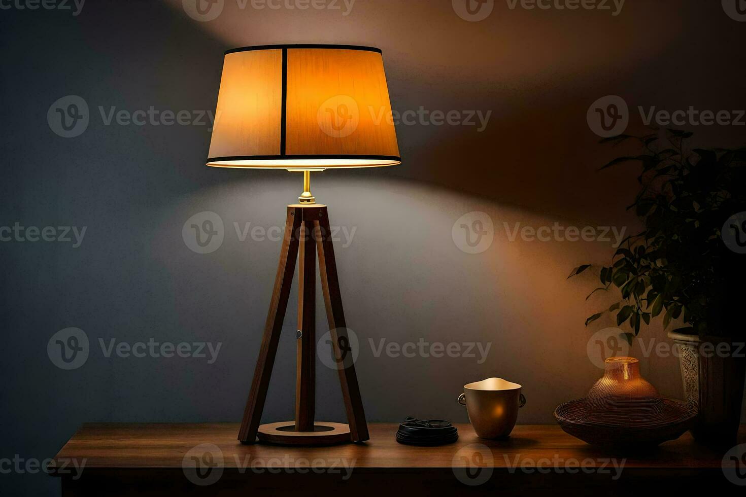 a lamp on a wooden table next to a vase. AI-Generated photo